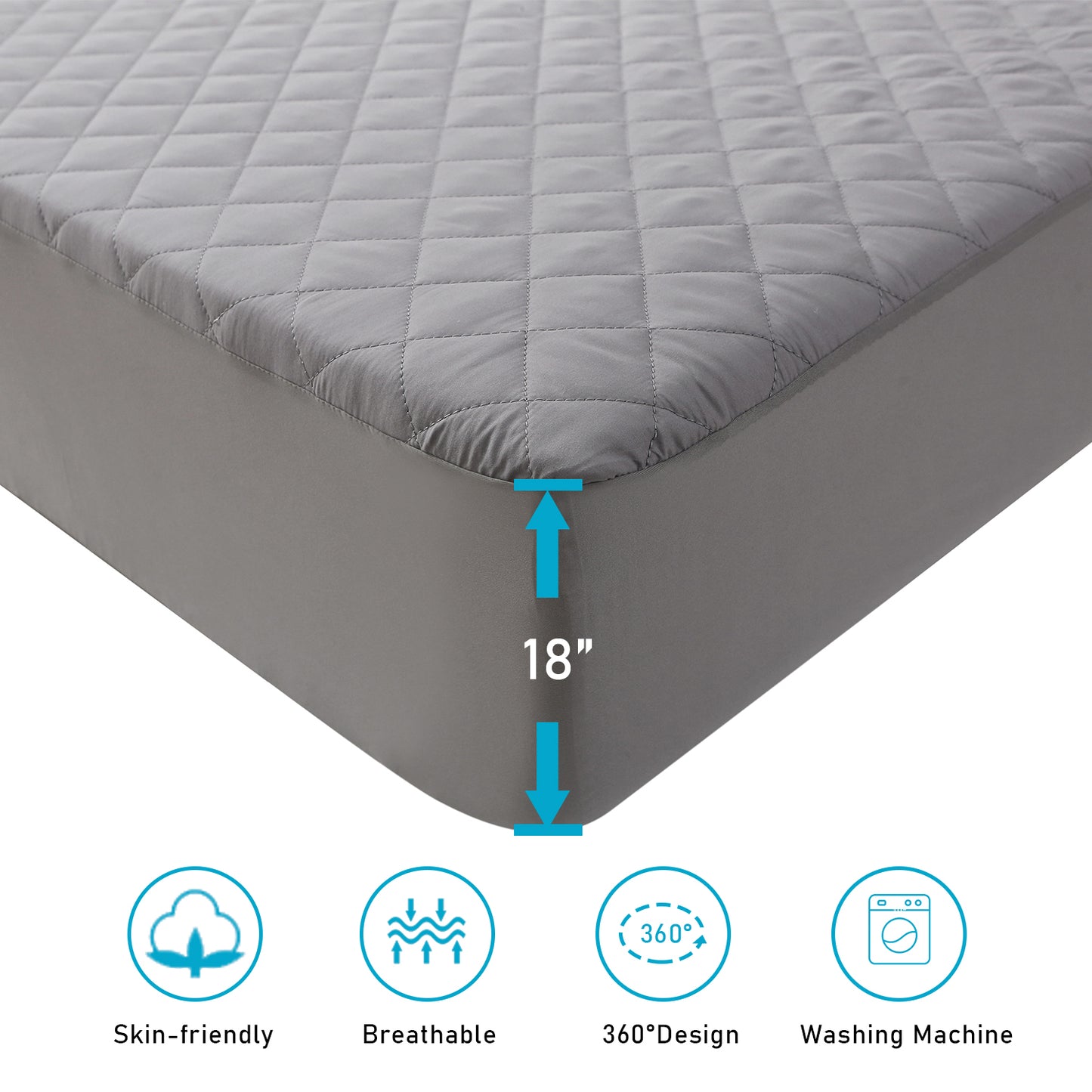 Bedecor Waterproof Mattress Pad Protector, Breathable Quilted Mattress Cover Noiseless Waterproof Fitted Sheet Mattress Topper Upto 18" Deep Pocket, Grey