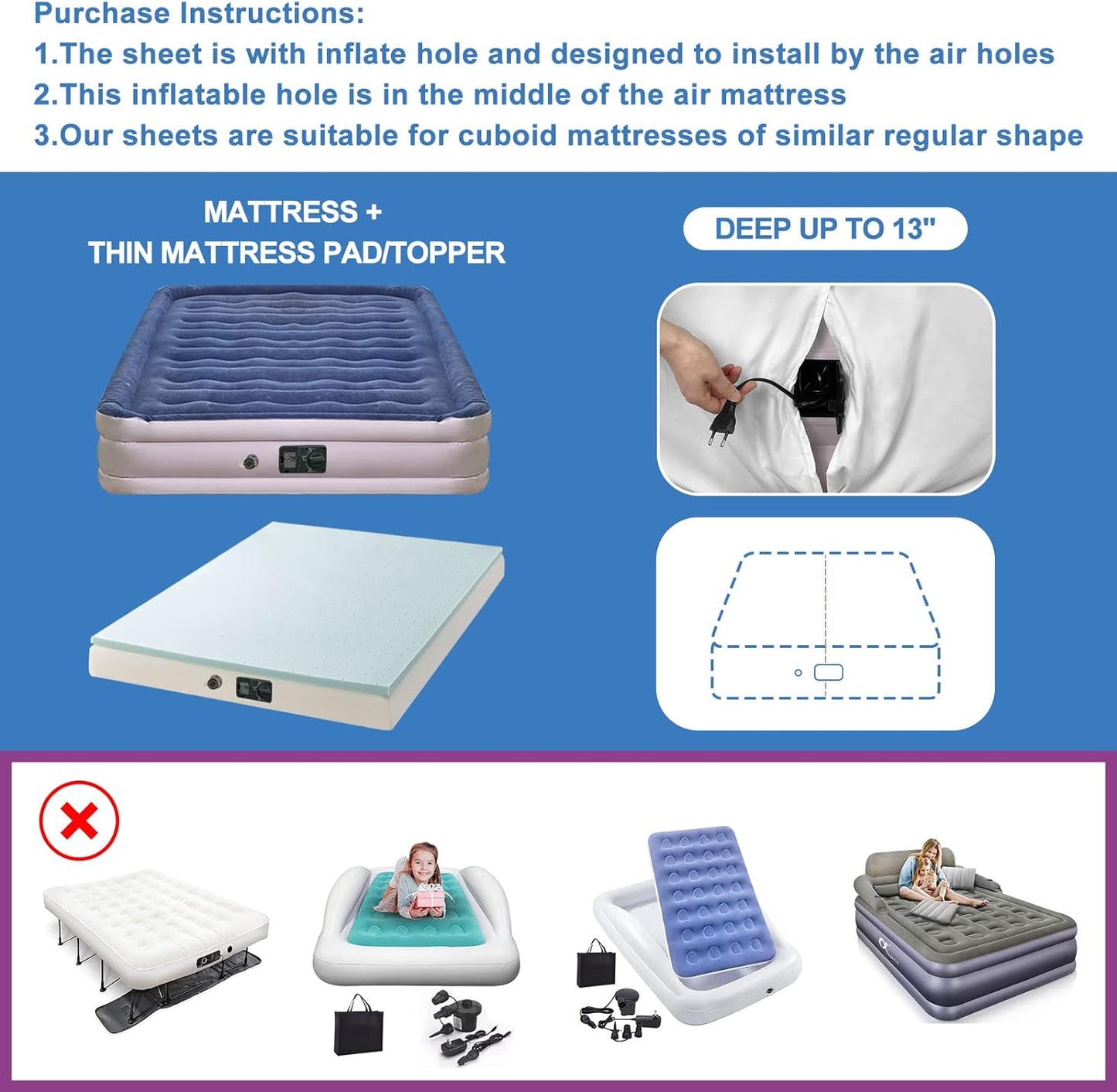 Bedecor air mattress sheets ,Inflate Without Disassembly extra deep pocket sheets 13"