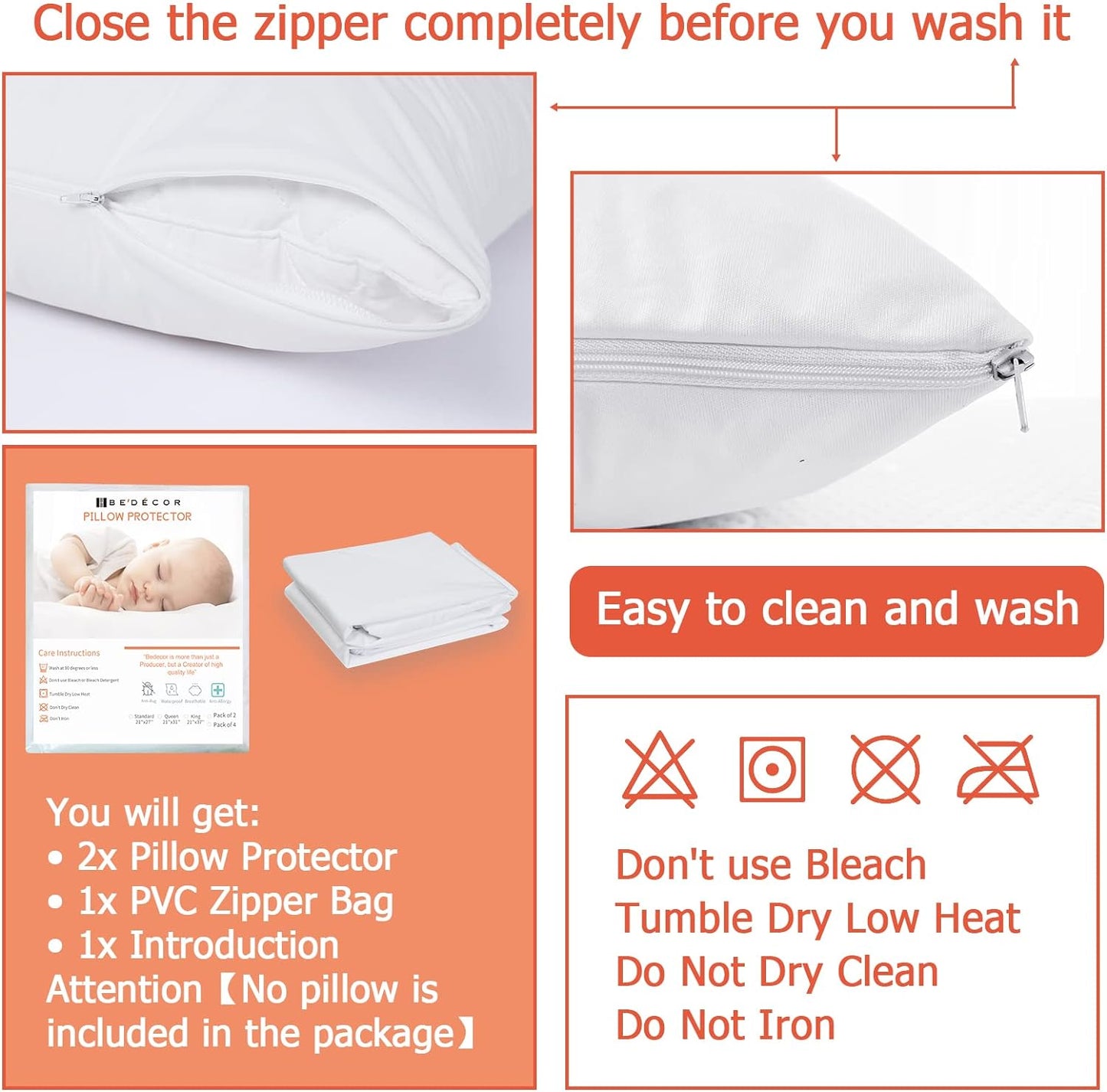 Bedecor Standard Pillow Protector with Zipper 2 Pack ,Waterproof Pillow Covers Encasement Smooth Dust Proof with Breathable Holes Allow Air to Circulate