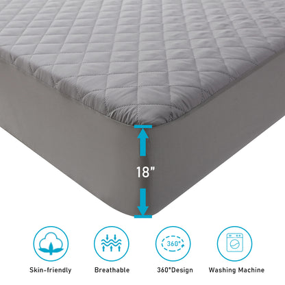 Bedecor Waterproof Mattress Pad Protector, Breathable Quilted Mattress Cover Noiseless Waterproof Fitted Sheet Mattress Topper Upto 18" Deep Pocket,  Grey